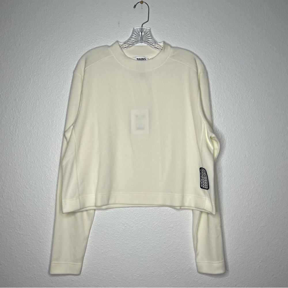Rains Cream Fleece Long‎ Sleeve Mock Neck Crop Top Sweatshirt Size Large NWT